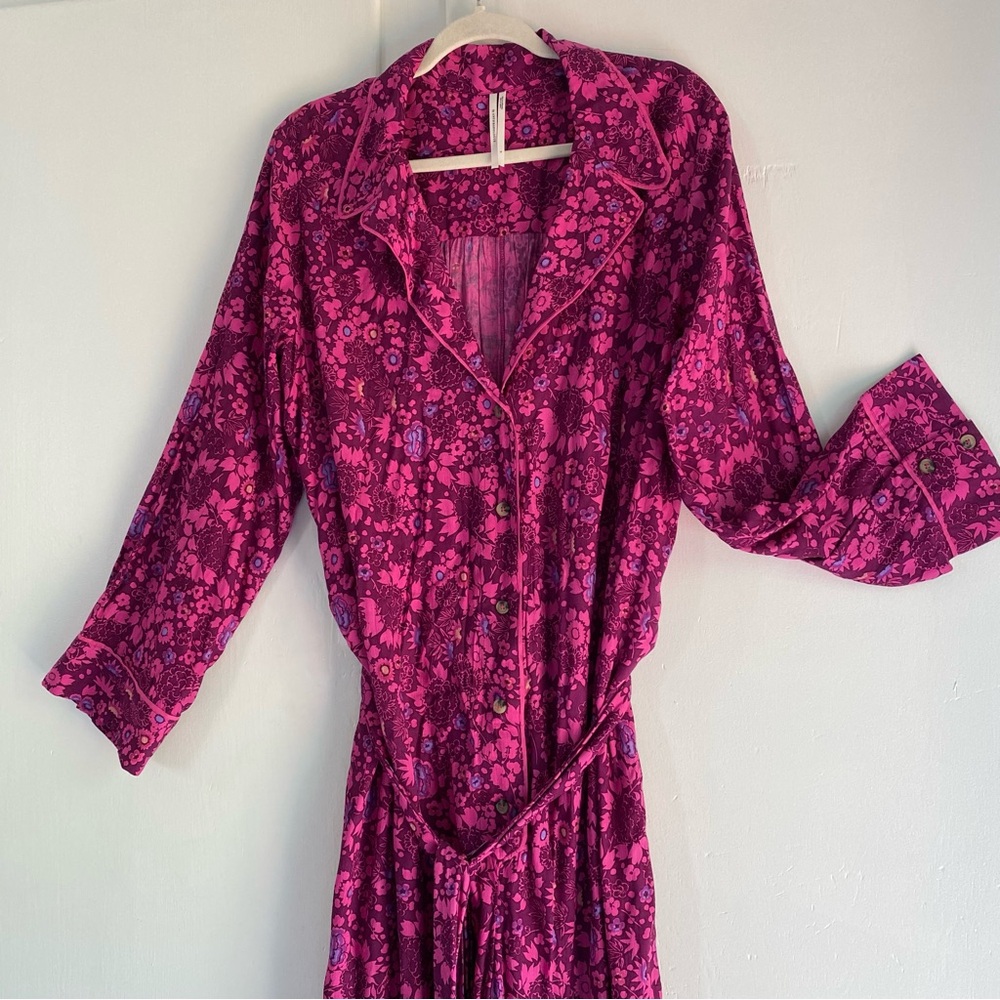 Anthropologie Jumpsuit Deep Magenta Floral Button Tie Rayon Washable Piping L - Picture 5 of 12